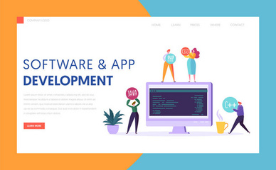 程序員的工作理念。編碼或在線編程教育。平面等距向量圖。網(wǎng)頁模板。矢量插圖